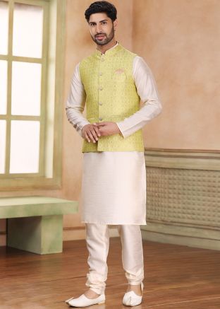 Cream Kurta Churidar With Nehru Jacket
