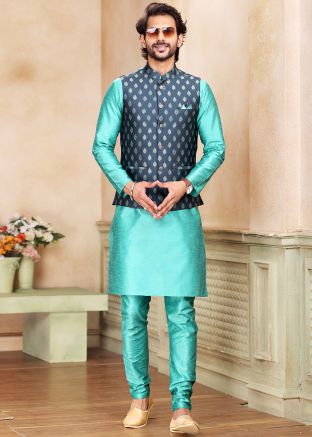 Turquoise Mens Kurta Pajama & Woven Nehru Jacket