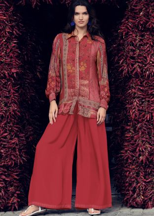 Red Digital Printed Muslin Cotton Readymade Co- Ord Set