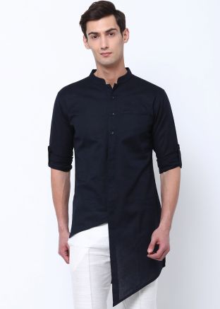 Readymade Black Asymmetric Cotton Short Kurta