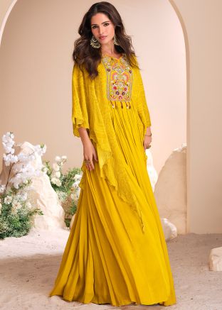 Yellow Readymade Kaftan Style Dress In Chiffon