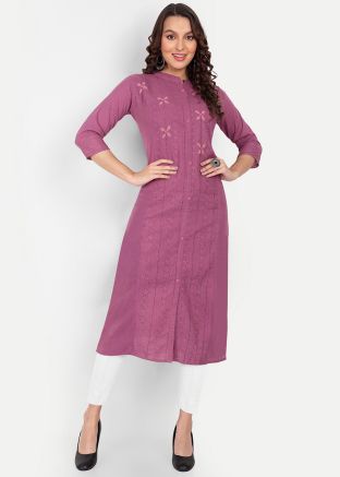 Pink Embroidered Kurti In Cotton