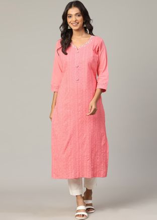 Readymade Peach Chikankari Embroidered Kurti
