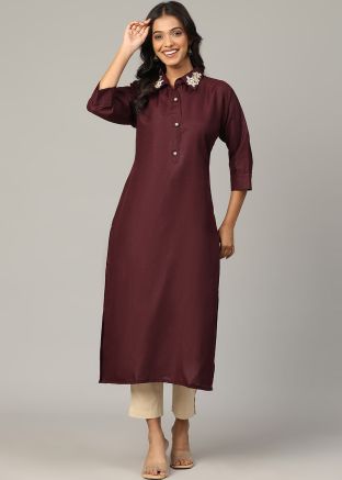 Readymade Wine Embroidered Kurti In Cotton