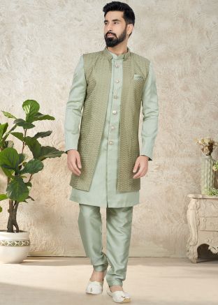 Green Embroidered Readymade Indo Western Sherwani & Jacket 