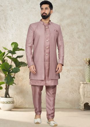 Peach Embroiderd Readymade Indo Western Sherwani With Jacket