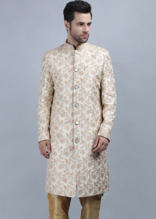 Readymade Cream Mens Floral Printed Sherwani