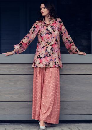 Peach Readymade Muslin Cotton Co-Ord Set In Digital Print