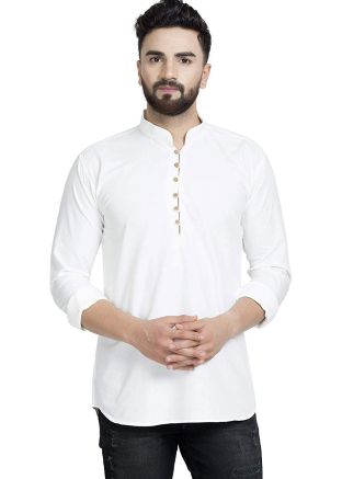 Readymade White Cotton Short Kurta