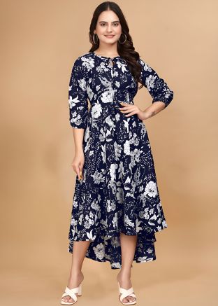 Blue Floral Print Crap Dress