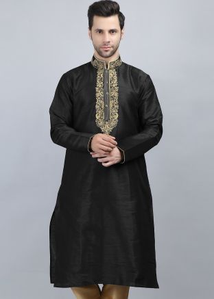 Black Embroidered Mens Kurta In Dupion Silk