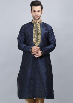 Navy Blue Embroidered Mens Kurta