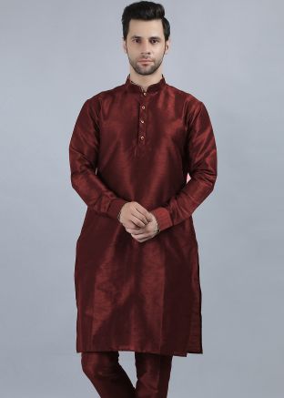 Readymade Maroon Plain Mens Kurta