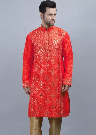 Red Mirror Embellished Mens Kurta
