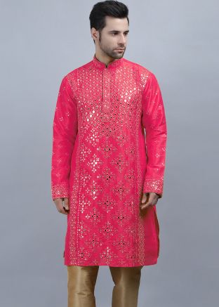 Readymade Pink Embellished Mens Kurta