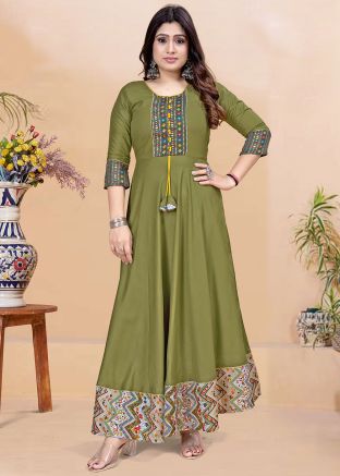 Mehendi Green Printed Long Kurti