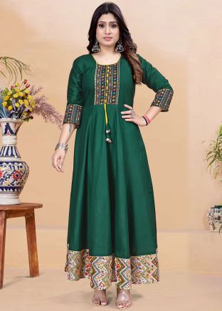 Teal Green Printed Long Kurti In Rayon