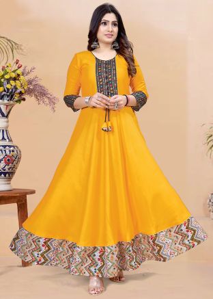 Yellow Rayon Long Kurti In Print