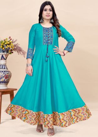 Sky Blue Printed Long Kurti In Rayon