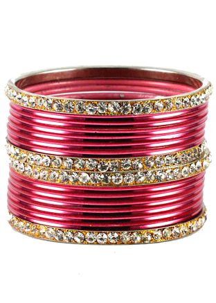 Stone Studded Pink and Golden Bangle Set