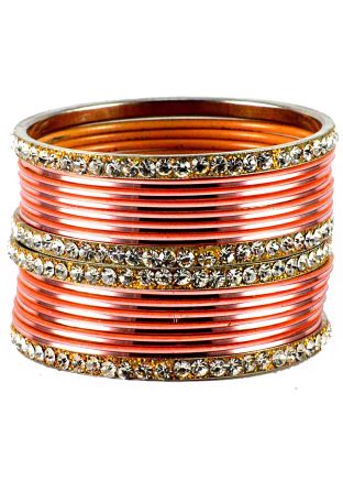 Stone Studded Peach and Golden Bangle Set