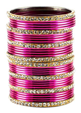 Stone Studded Pink and Golden Bangle Set