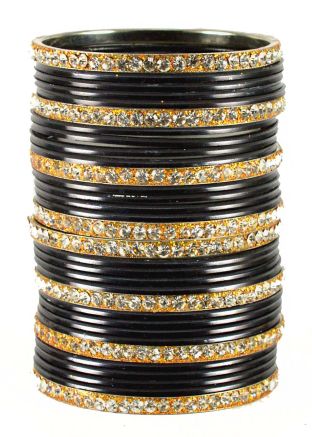Stone Studded Black and Golden Bangle Set