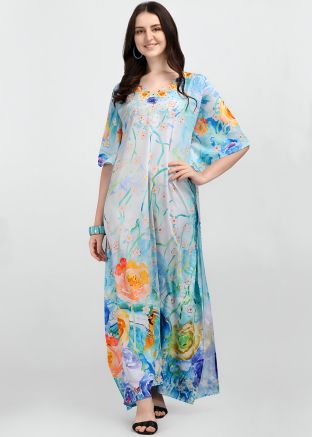 Blue Printed Kaftan In Crape