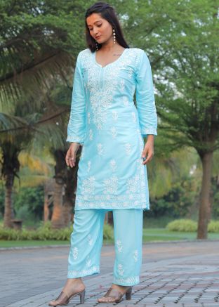 Grey Embroidered Kurta Set In Rayon