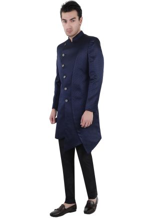 Blue Mens Readymade Indo Western Sherwani In Jacquard
