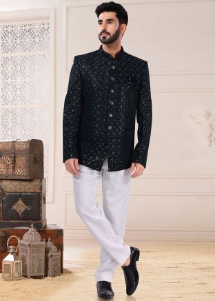Blue Embroidered Mens Bandhgala Jodhpuri Suit