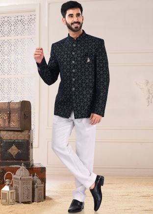 Mens Navy Blue Embroidered Bandhgala Jodhpuri Suit