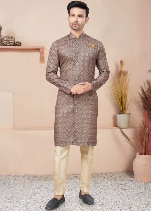 Brown Readymade Printed Indo Western Cotton Sherwani 