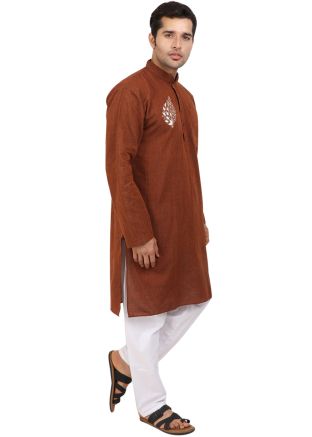 Brown Kurta Pajama In Embroidery