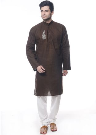 Brown Embroidered Kurta Pajama In Cotton