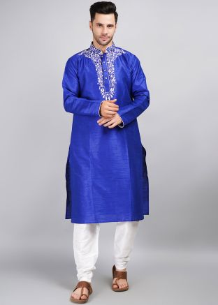 Blue Readymade Men`s Kurta Pajama In Dupion Silk
