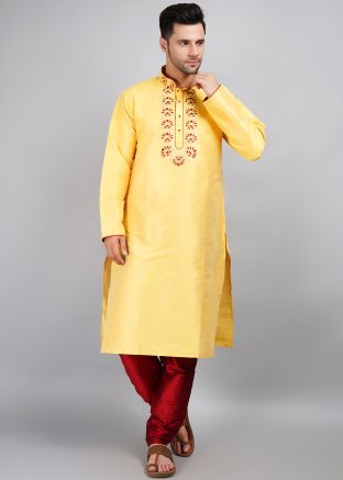 Yellow Readymade Men`s Dupion Silk Kurta Pajama