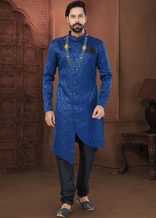 Blue Indo Western Sherwani Set In Woven Work