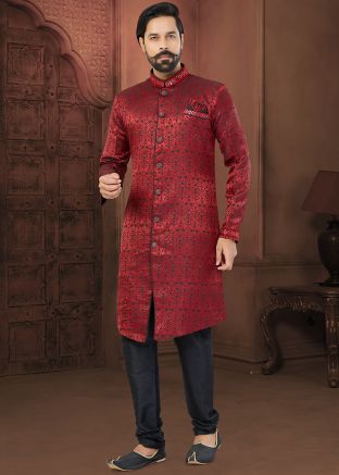 Red Woven Indo Western Sherwani Set