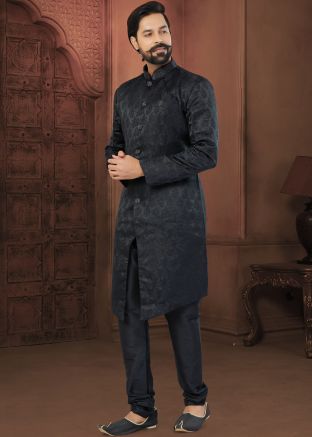 Black Indo Western Sherwani Set In Jacquard