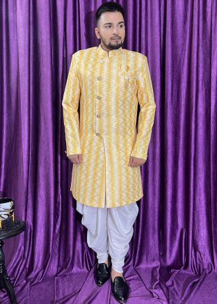 Yellow Cotton Indo Western Sherwani Set