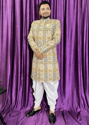 Brown Printed Indo Western Sherwani Set