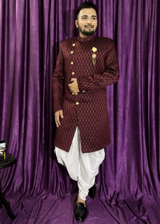 Maroon Woven Indo Western Sherwani Set