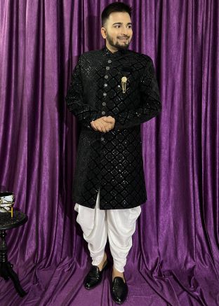 Black Embroidered Indo Western Sherwani Set
