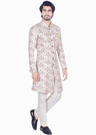 Cream Woven Indo Western Sherwani Set