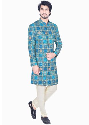 Blue Printed Indo Western Sherwani Set