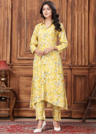 Yellow Floral Print Kurta Set In Rayon