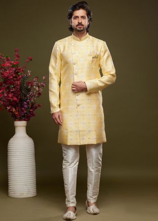 Yellow Woven Art Silk Jacquard Indo Western Sherwani