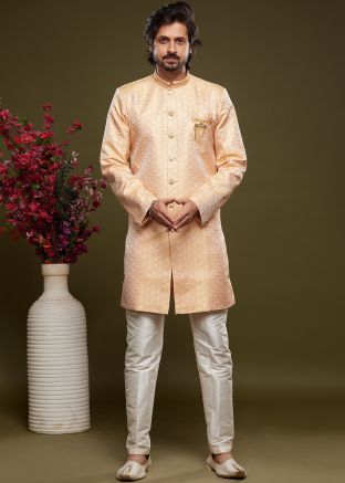 Orange Mens Woven Indo Western Sherwani Set