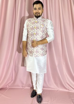 White Kurta Pajama & Floral Print Nehru Jacket